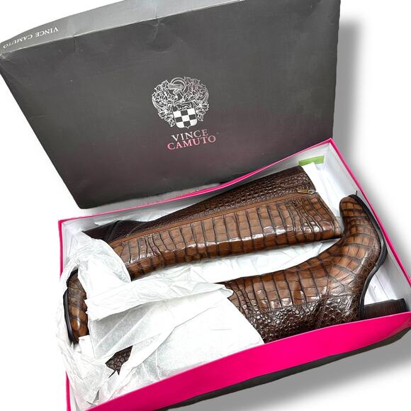 Vince Camuto NIB Pearlanie Rich Cocoa Glaze Croc Leather Knee High Heeled Boots - Picture 3 of 14